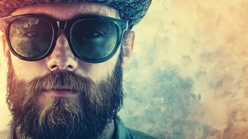 Chromatically split portrait of bearded subject in oversized eyewear.