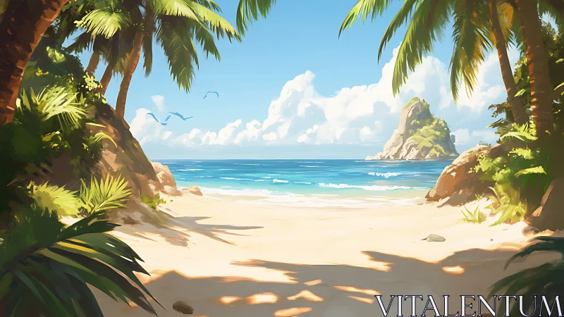 Tropical island cove with palm trees and distant rock formation