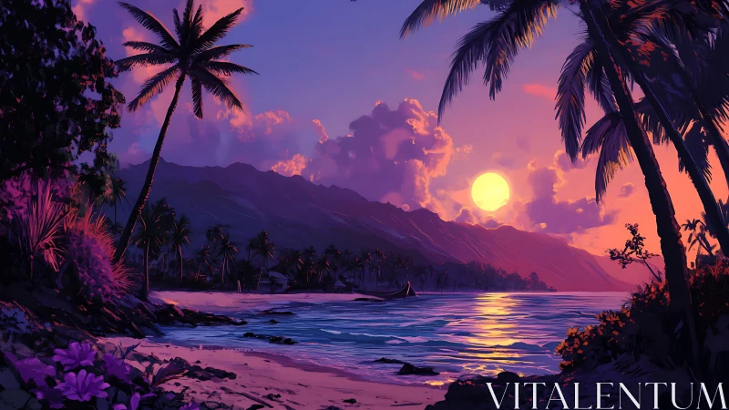 Digital twilight seascape with silhouetted tropical palms.
