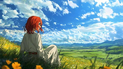 Red-haired figure surveys sunlit valley under expansive sky