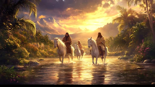 Riders on white horses traverse a luminous tropical river at dusk