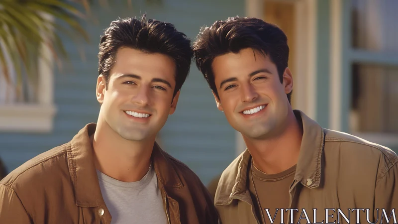 Digitally rendered twin portraits under warm outdoor lighting