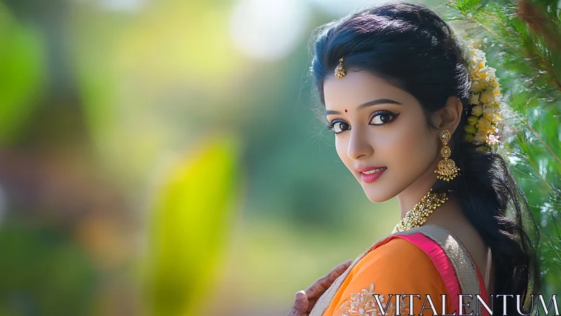 Graceful woman in bright saree glowing in soft garden light.