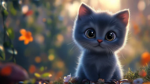 Blue kitten with luminous eyes amid garden florals.