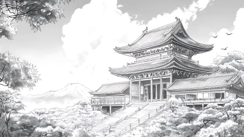 Monochrome temple complex amid trees and distant mountain.