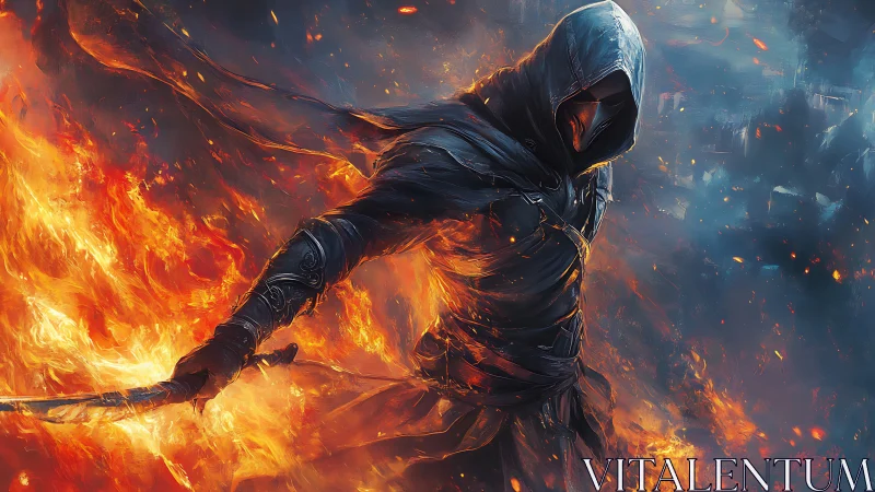 Hooded fire assassin strides through blazing battlefield.