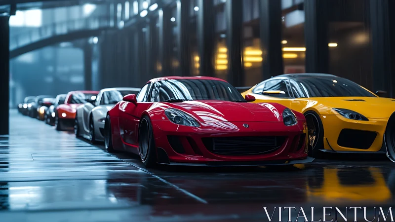 Sleek red supercar leading glossy lineup in moody hall.