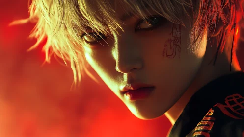 Fiery backlit portrait of silver-haired youth with sigil tattoo.