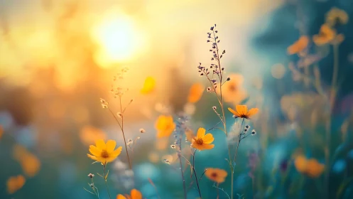 Golden wildflowers bloom in dreamy sunset light