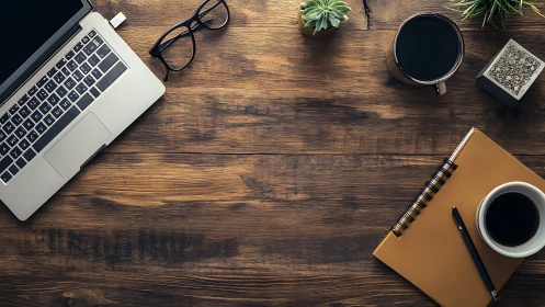 Laptop, coffee cups and notebook on rustic wooden desk.