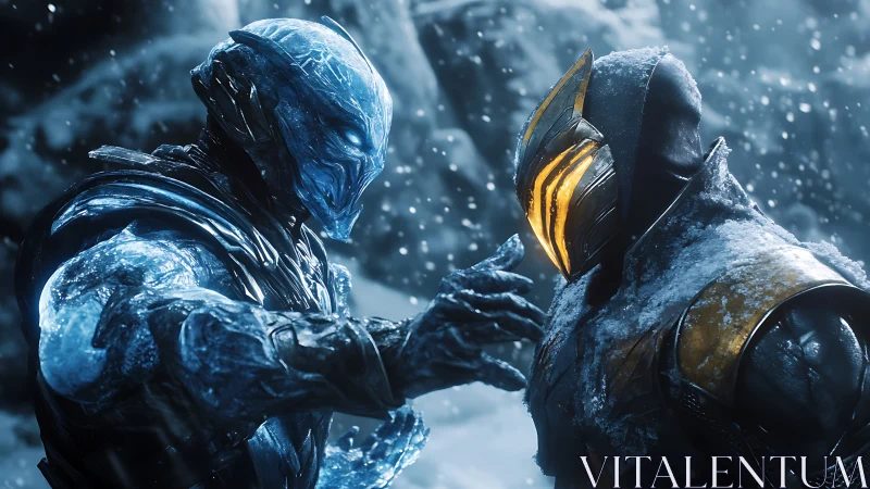 Frozen armored warriors clash amid dynamic blizzard lighting.