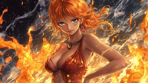 Fiery anime heroine amid swirling inferno seascape.