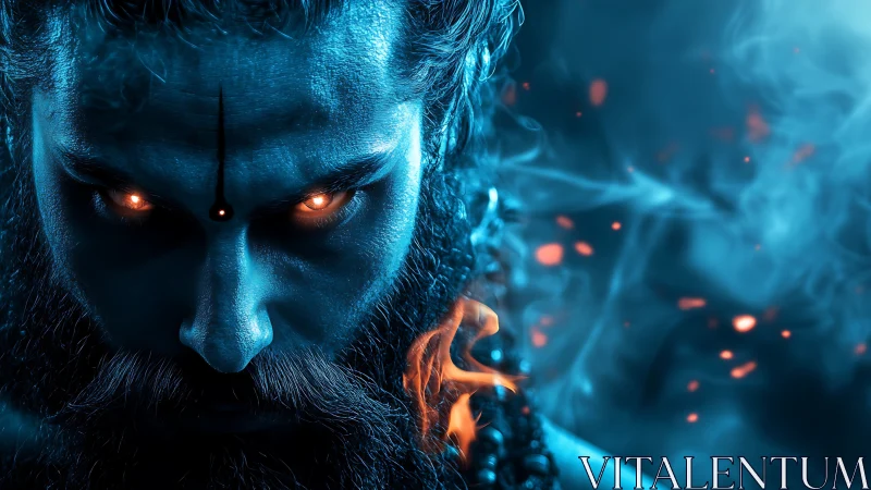 Blue-lit male face with glowing eyes and controlled fire effects