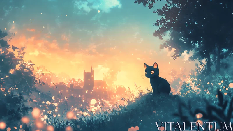 Black Cat's Golden Hour Vigil Among Enchanted Wildflowers.