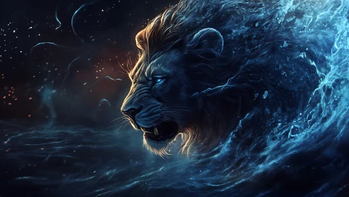 Elemental water lion roars through swirling cosmic tide.