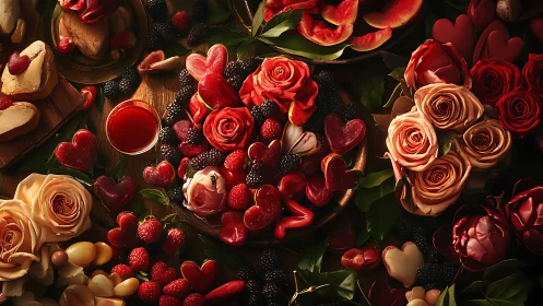 Overhead arrangement of roses, berries, and decorative hearts on wooden surface.