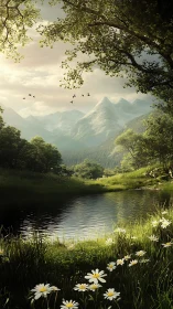 Sunlit mountain lake rests beneath tranquil forest canopy