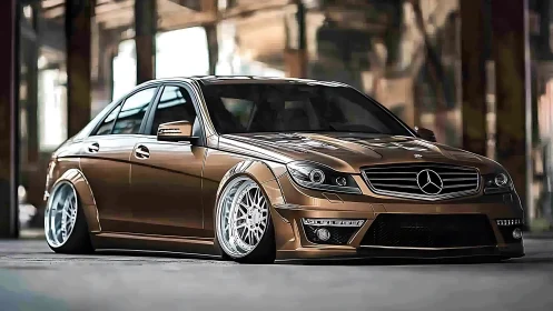 Stanced bronze Mercedes sedan with deep dish wheels in warehouse.