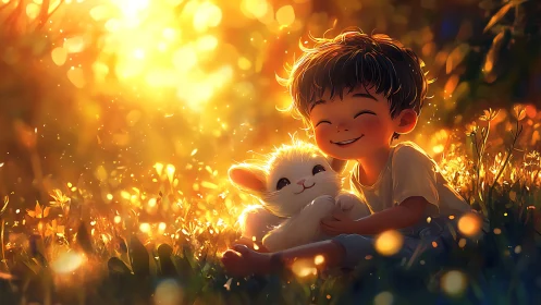 Smiling child hugging fluffy pet in glowing sunset field.