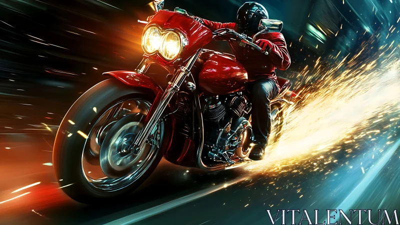 Red sport motorcycle racing through night city sparks.