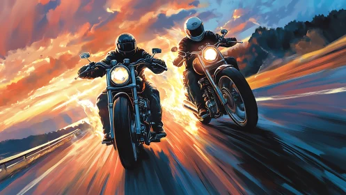 Dynamic twin motorcycles at speed on sunset highway in firelight