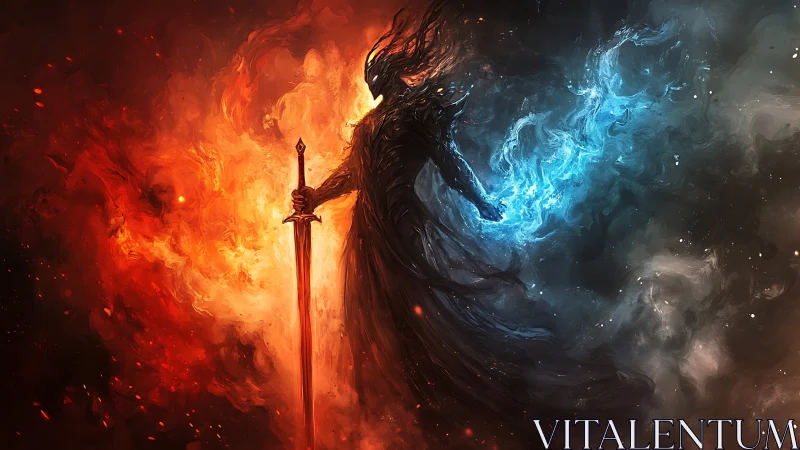 Elemental warrior silhouette channels opposing fire and ice energies