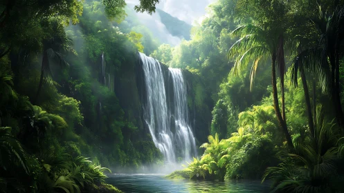 Sunlit tropical waterfall rendered in high-detail digital painting