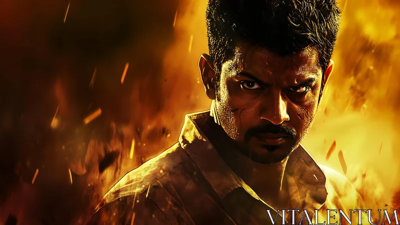 Intense action hero glares through swirling sparks and flame