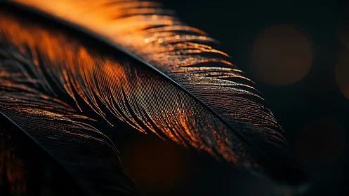 Macro closeup of dark feather edges lit by warm light.