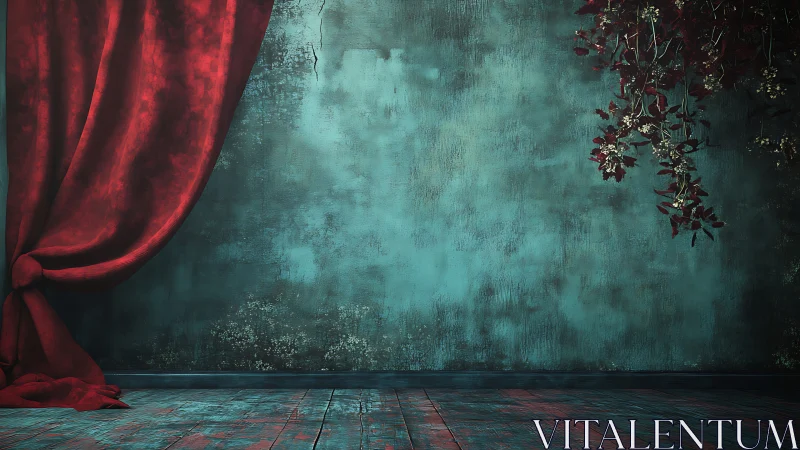 Velvet stage drapery against distressed teal plaster wall.