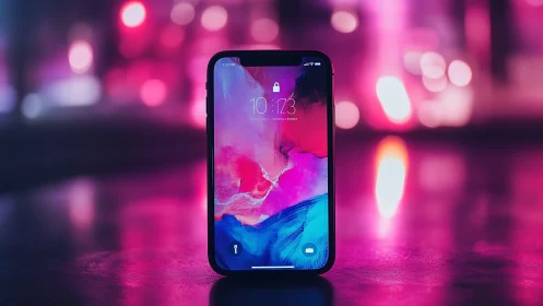 Modern smartphone glowing in vibrant neon atmosphere