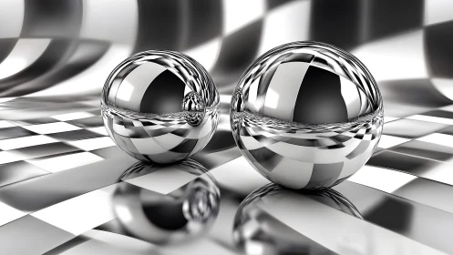 Reflective chrome spheres on monochrome checkered surface.