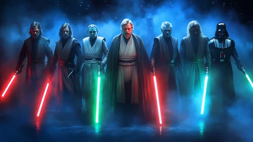 Cinematic Jedi&ndash;Sith lineup in volumetric nebular backlight.