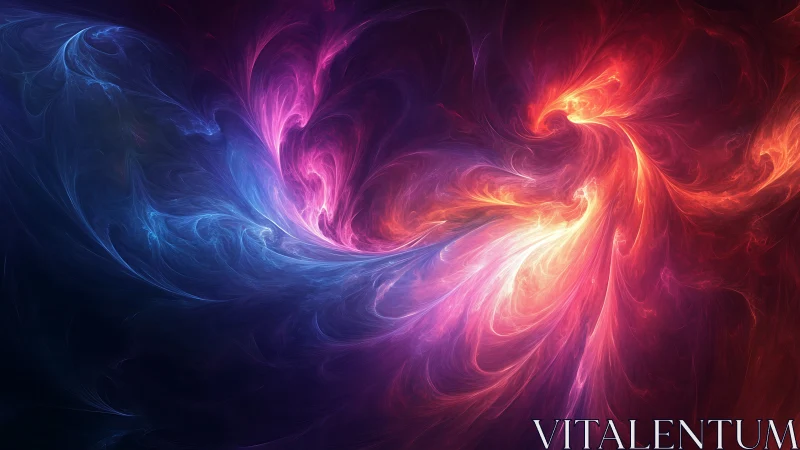 Bilateral swirling light forms in red, blue and violet field.