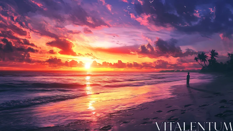 Radiant shoreline sunset with quiet figure in reflection.