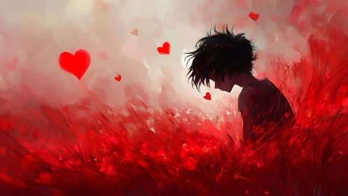 Silhouetted youth in crimson heart field, atmospheric study.