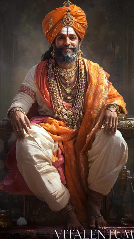 Warmly smiling elder in regal orange traditional robes.