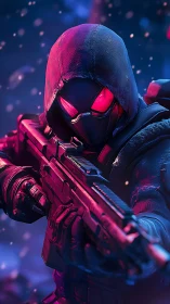 Tactical neon marksman with hooded visor in arctic glow.