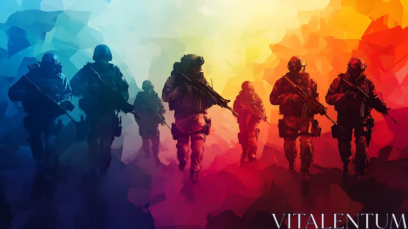 Bold squad moving through radiant blue to red light.