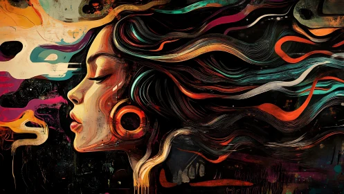 Profile portrait with flowing multicolor vector hair strands