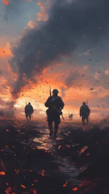 Embers On The Horizon: Soldiers Crossing A Burning Dusk.