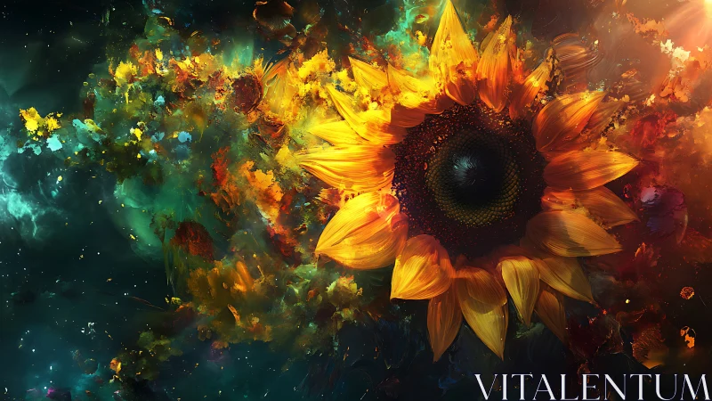 Radiant cosmic sunflower blooms amid swirling nebula colors.