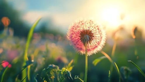 Backlit dandelion seed head glows in warm sunset field