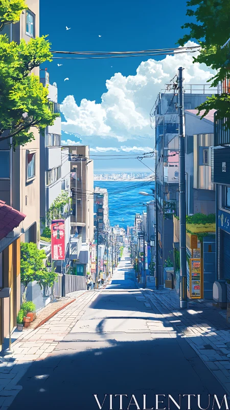 Sunlit seaside city slope with blue sky and clouds.