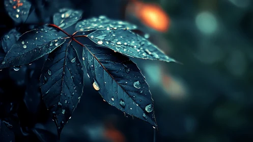 Macro study of rain-soaked compound leaves with cool bokeh lighting