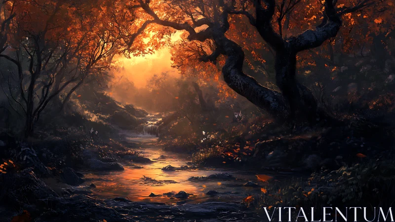 Ethereal Forest Stream Bathed in Golden Sunset Glow.