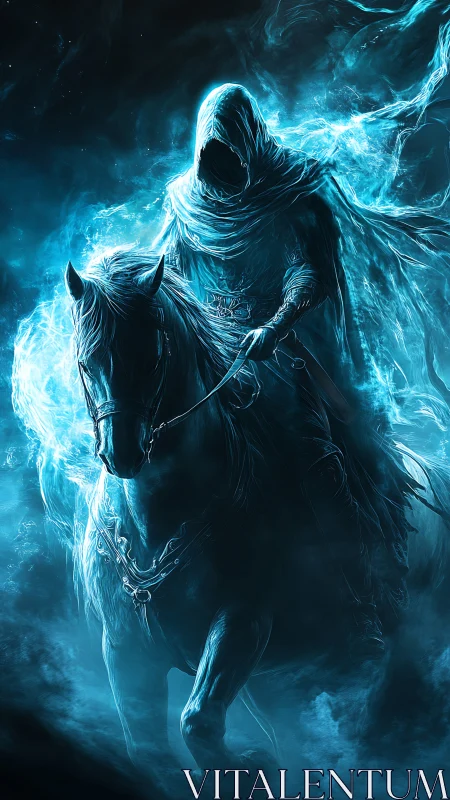 Hooded spectral rider on dark horse in blue ethereal mist.