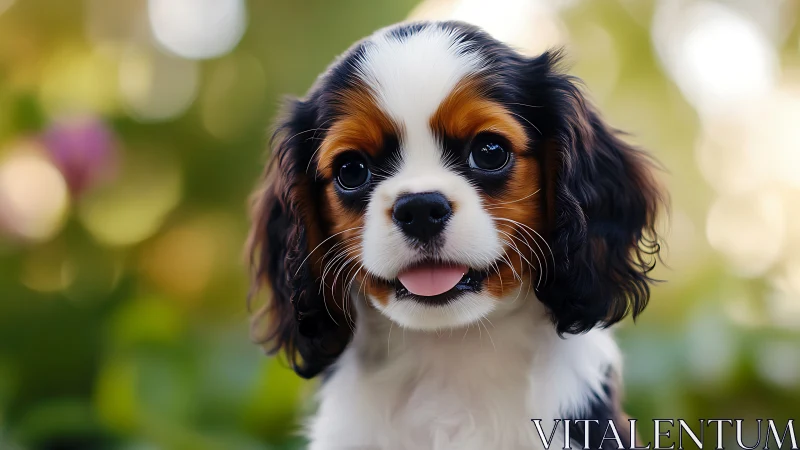 Cavalier King Charles Spaniel puppy portrait outdoors.