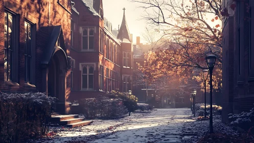 Late autumn college quad in soft sunrise snowlight.