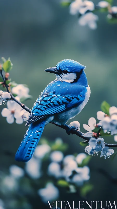 Blue Jay Perched Among White Blossoms.
